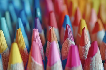 A vibrant array of colored pencils in various hues create a visually stunning, artistic display.