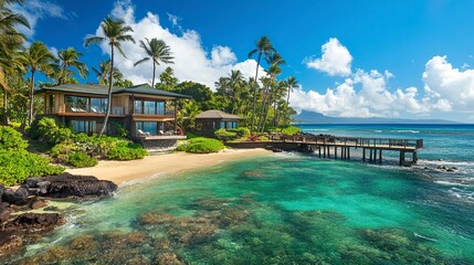Obraz premium Tropical oceanfront estate, luxury home surrounded by palms, private beach with a wooden pier, vibrant turquoise waters and sunny skies 
