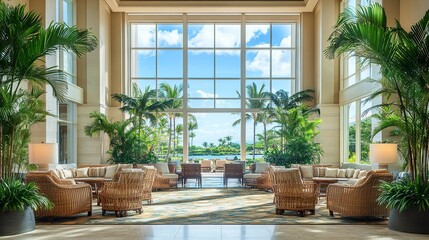 Tropical-inspired luxury lobby with high ceilings, woven furniture, and palm plants, ocean view framed by panoramic windows, soft pastel lighting 