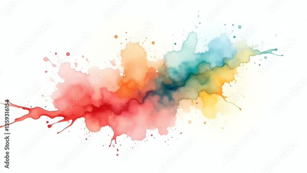 Poster a colorful and abstract watercolor paint splatter spreading out horizontally, showcasing a range of 