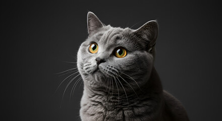 Obraz premium Alert British Shorthair with Amber Eyes Against Dark Grey Background