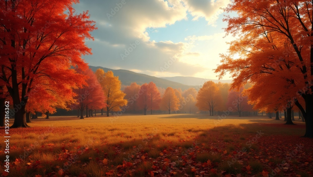 Poster autumn scene with trees showcasing vibrant red, orange, and yellow foliage, with a golden field and 
