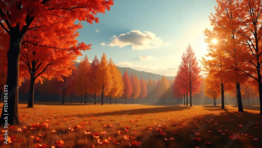 Poster an autumn landscape with colorful trees bathed in warm sunlight. a scenic view with vibrant foliage 