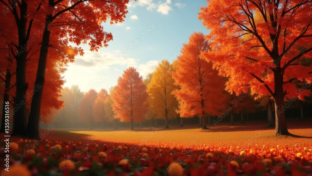 Poster vibrant scene of an autumnal forest with trees in full autumn foliage and sunlight filtering through the trees