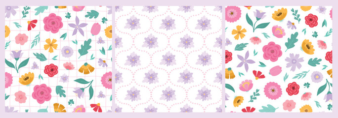 Floral seamless patterns collection, vibrant colored floral elements for wallpapers, textile prints, scrapbooking, stationery, wrapping paper, backgrounds, digital paper, apparel, etc. EPS 10