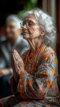 Elderly woman meditating peacefully in a tranquil setting while wearing traditional attire and beads, expressing serenity and wisdom. Ideal for Social Media, Stories, Advertising