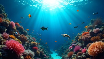 Obraz premium vibrant coral reef teeming with life, illuminated by sunlight shining from above