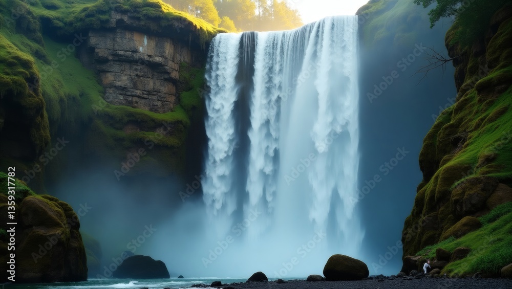 Poster a majestic waterfall cascading down a cliff, surrounded by lush greenery. the water plunges into a m