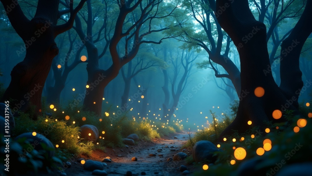 Poster a mystical forest path glows with an ethereal light, enveloped in a dreamy atmosphere