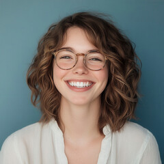 Obraz premium Joyful smiling woman indoor studio portrait photography bright environment close-up view happiness concept