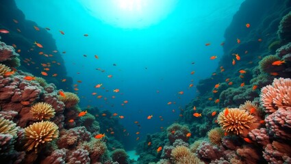 Obraz premium an underwater scene teeming with marine life, including vibrant coral reefs and numerous small, orange fish, with sunlight filtering from above