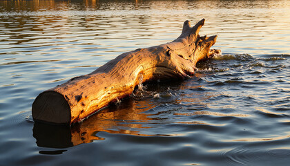 Rustic log floating on serene river water at sunset  