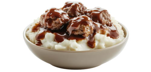 Swedish meatballs with Bechamel sauce and brown sauce on top of mashed potatoes, isolated on a white background
