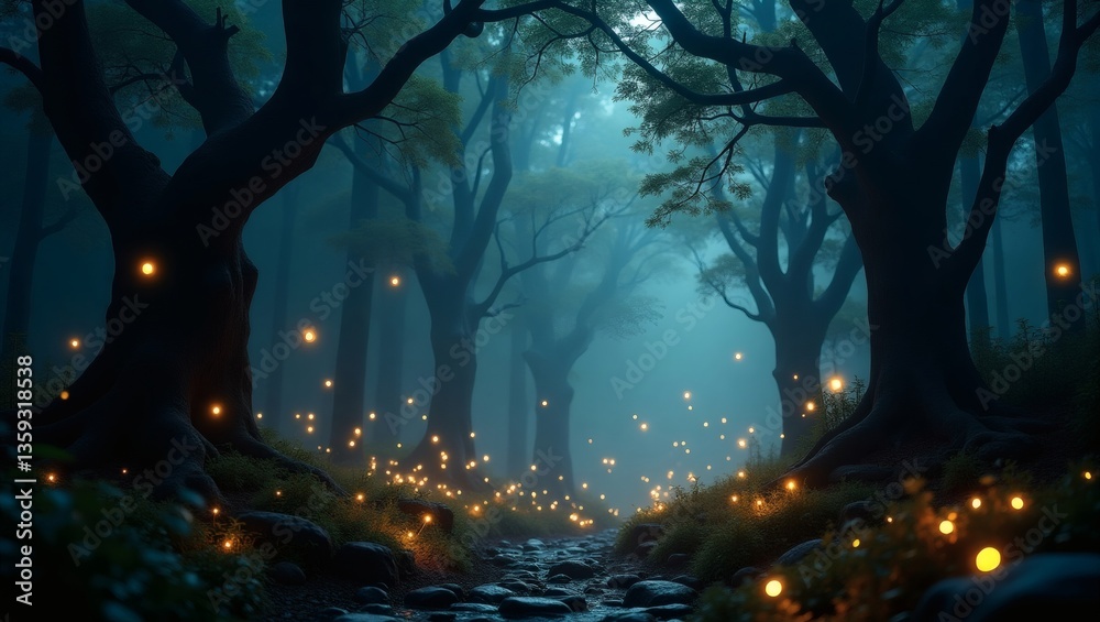 Poster a mysterious forest path bathed in an ethereal glow, with glowing orbs and tall trees creating a sense of wonder