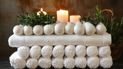 Obraz premium A stack of white spa towels with herbal compress balls and candles in the background.