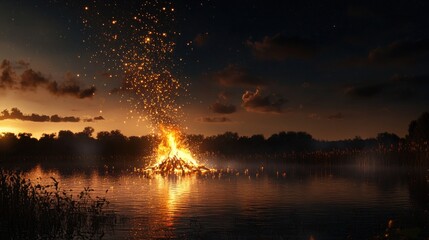 Fototapeta premium A large bonfire on a lake with sparks flying into the night sky