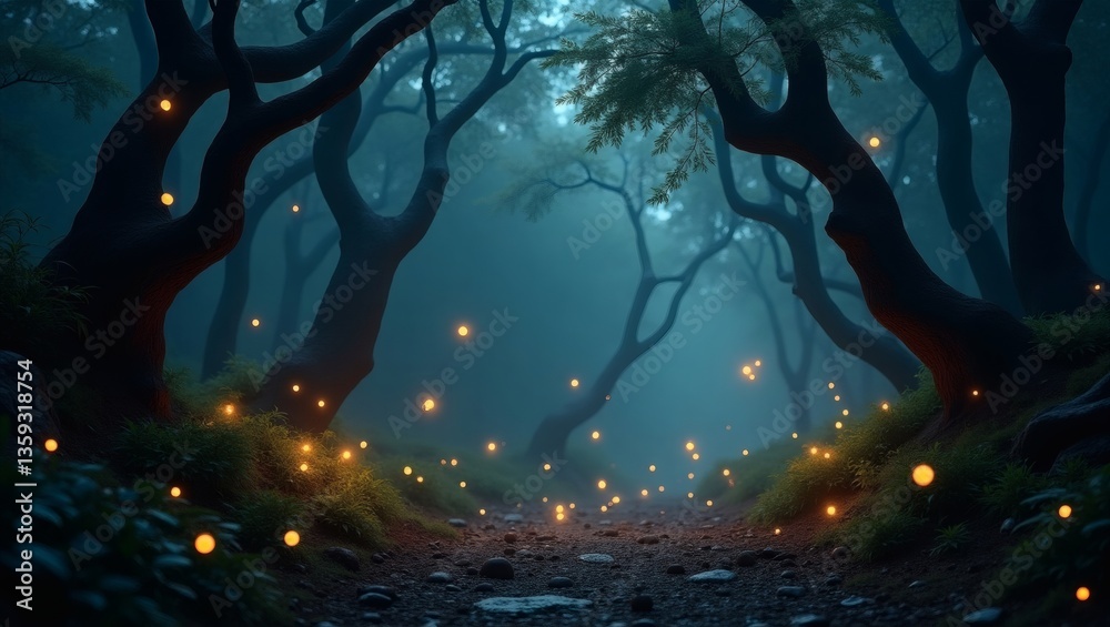Poster A mysterious forest with glowing lights and a winding path