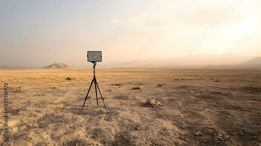 Poster a radar imaging system set up on a in a remote arid landscape surveying the terrain for potential su