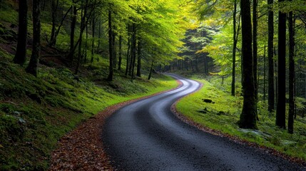 Fototapeta premium A winding road through a beautiful forest with green vegetation