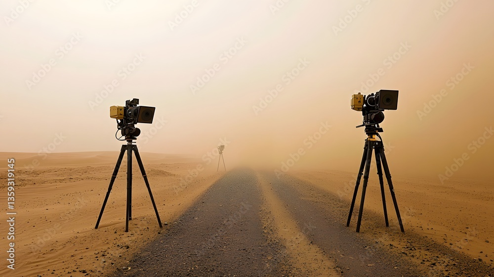 Fototapete A remote desert road winding through a hazy dust filled landscape with scientific sensors mounted on dynamically adjusting to detect obstacles and collect data in the challenging conditions