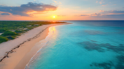 Obraz premium Tropical Paradise Beach at Sunset: Capture the vibrant colors of the ocean merging with the sand and sky, a perfect blend of the sun, sea, and sand at a beautiful beach.