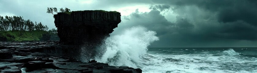A dramatic ocean scene featuring large waves and a rock formation