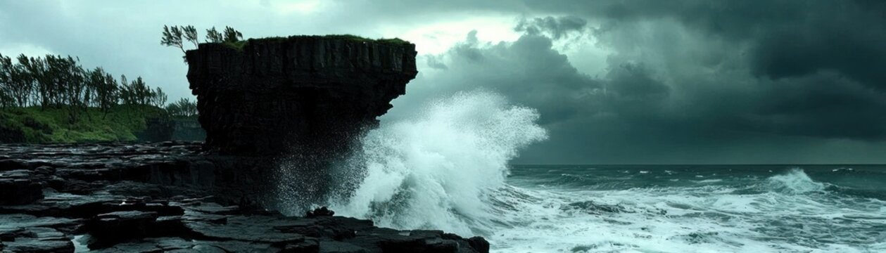 A dramatic ocean scene featuring large waves and a rock formation