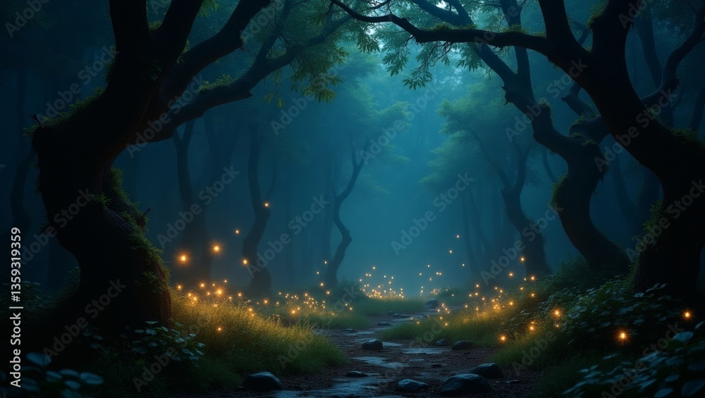 Poster a mystical forest scene filled with glowing lights, shrouded in an ethereal atmosphere