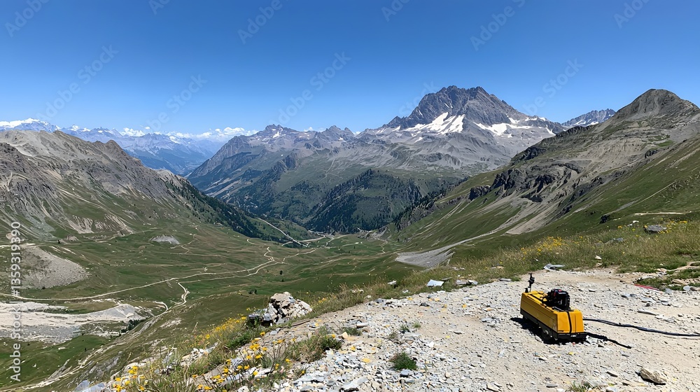 Poster a remote rugged mountain landscape with a team conducting topographic and geological surveys using a