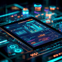 Obraz premium Data analysis event digital workspace infographic dashboard high-tech environment close-up view business intelligence concept