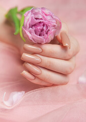 Woman hand with perfect nude manicure holding pink flower on pink background
