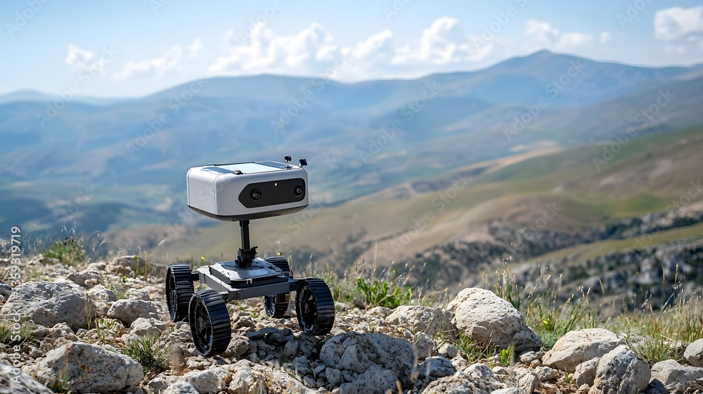 Aufkleber A robotic vehicle equipped with sensors and instruments navigating across a rugged mountainous landscape to gather geological data and map the terrain for scientific research and resource