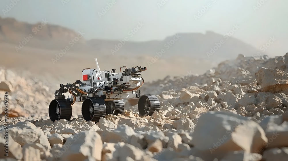 Poster A rugged autonomous robot equipped with sensors and instruments navigating through a remote rocky desert environment to gather geological data and mineral samples