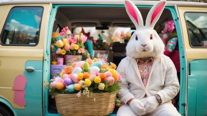 Easter Bunny on the Move: Delivering Eggs from a Festive Van