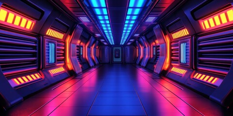 Obraz premium Neon Futuristic Corridor A Perspective View of a Sci-Fi Tunnel with Vibrant Glowing Lights