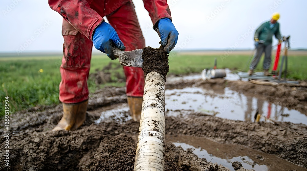 Poster A scientist in protective gear extracting a soil core sample from the ground for further geological investigation and analysis