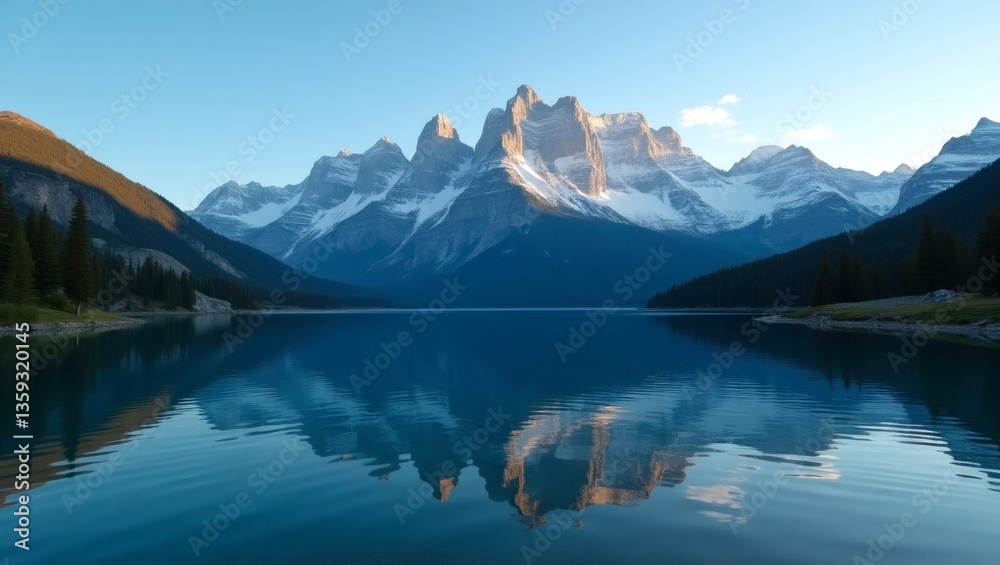 Poster captivating shot of a serene mountain lake with a reflection of mountains on the clear water