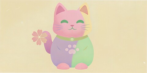 Fototapeta premium Colorful cat character joyful with flower stands proudly in a cheerful pastel setting, showcasing its vibrant personality and charm Collage, idea, desktop background, idea for a flyer, for an album, f