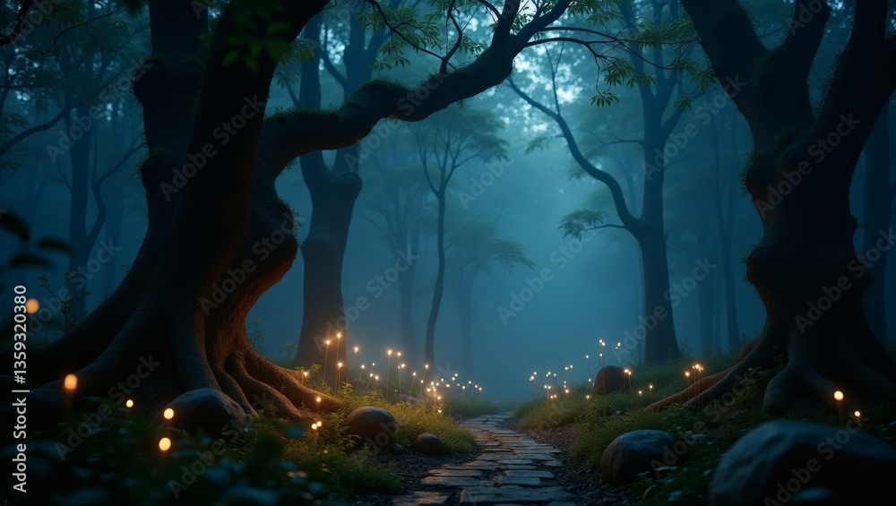 Aufkleber a mystical forest scene with a path leading into the mist. The scene evokes a sense of wonder and tranquility with a path and glowing lights in the dark forest