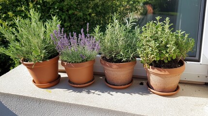 Four different potted plants sitting on a windowsill in sunlight