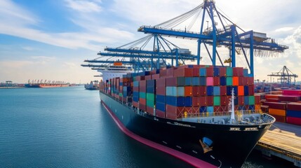 Fototapeta premium Container ship unloading cargo at busy port maritime industry scene vibrant colors aerial view logistics and trade operations