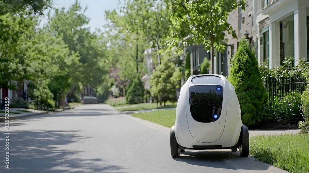 Poster A self driving delivery vehicle using lidar sensors to safely traverse a pedestrian friendly neighborhood lined with trees and greenery