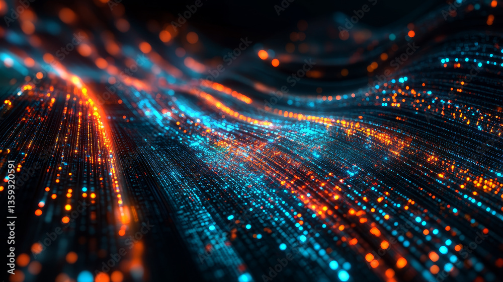 Poster visualized data stream. abstract neon field, fractal elements of digital data and binary code. full-
