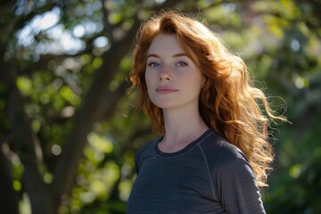 Naklejka premium A young Caucasian woman with flowing red hair poses gracefully outdoors, exuding calm and confidence in a natural, vibrant setting.