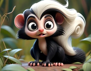 A cute skunk character standing in a lush, forest-like setting with green foliage.