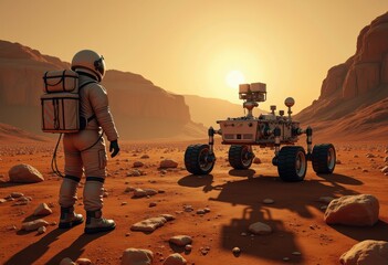 Astronaut observing Mars rover at sunset on rocky terrain  