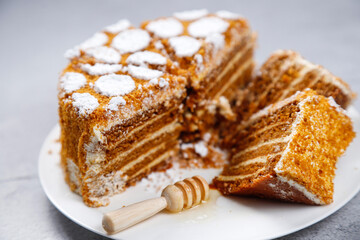 Traditional layered honey cake slices.