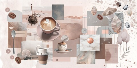 Creative collage of coffee-inspired elements and aesthetic designs showcasing warm tones and textures in a cozy atmosphere Collage, idea, desktop background, idea for a flyer, for an album, for a note