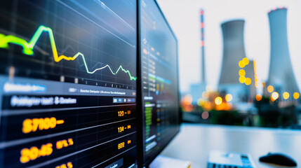 Financial Analysis in the Industrial Zone: A dynamic juxtaposition of financial graphs on computer monitors and industrial structures, symbolizing the fusion of technology and industry.