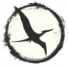 Grunge-Style Circular Emblem Featuring a Pterodactyl Silhouette in Flight with Distressed Texture © Bubi Studio